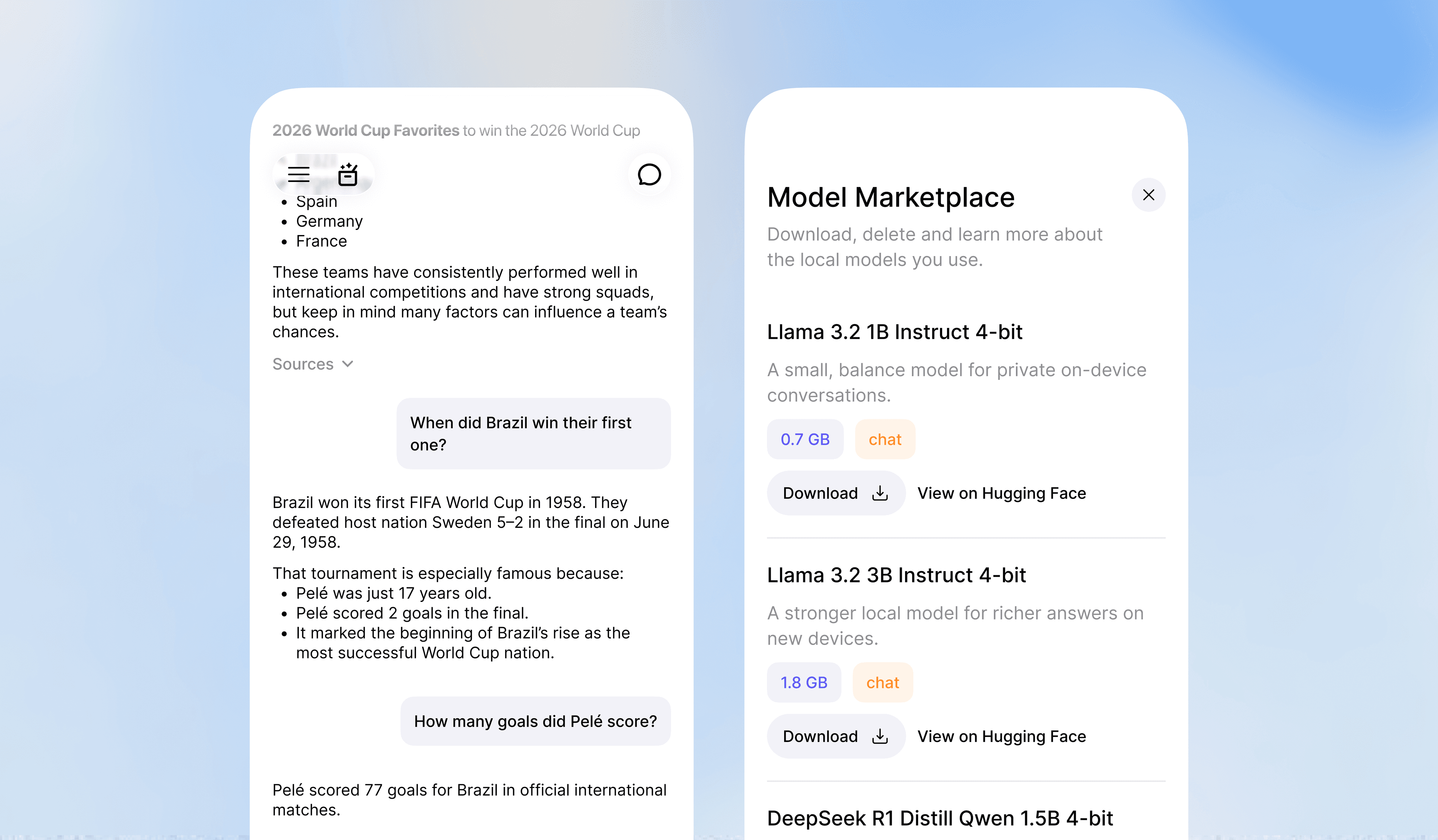 Beacon private AI chat and model marketplace screens